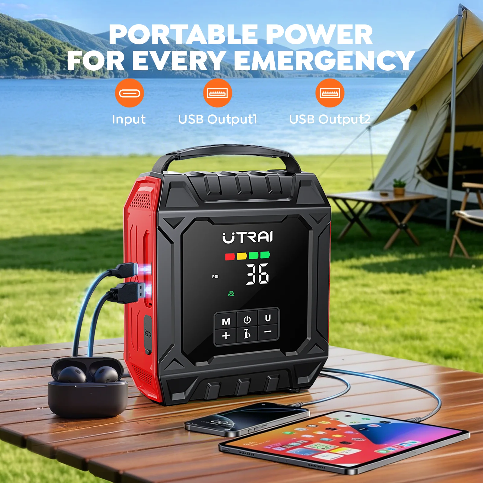 Arrancador de coches UTRAI 8000A con compresor de aire, panel de luz magnético extraíble y luces de camping para exteriores, arrancador de emergencia.