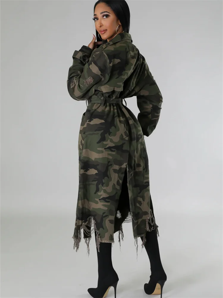 Wmstar-gabardina de camuflaje para mujer, ropa con estampado, abrigo, ropa de calle, Tops cortos rasgados de estilo largo, venta al por mayor, S-2XL