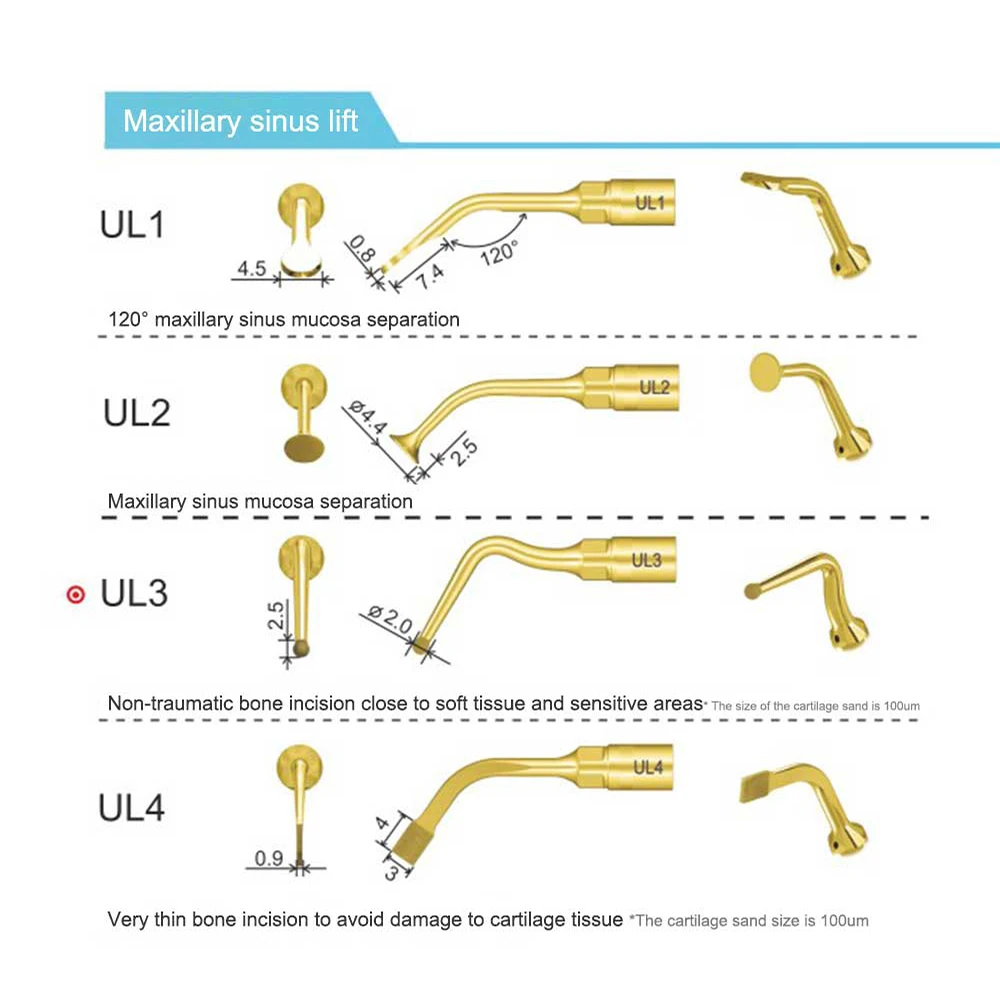 Puntas de piezocirugía dental serie US/UL/UC/UI para corte óseo y elevación de senos – Compatibles con Woodpecker Mectron