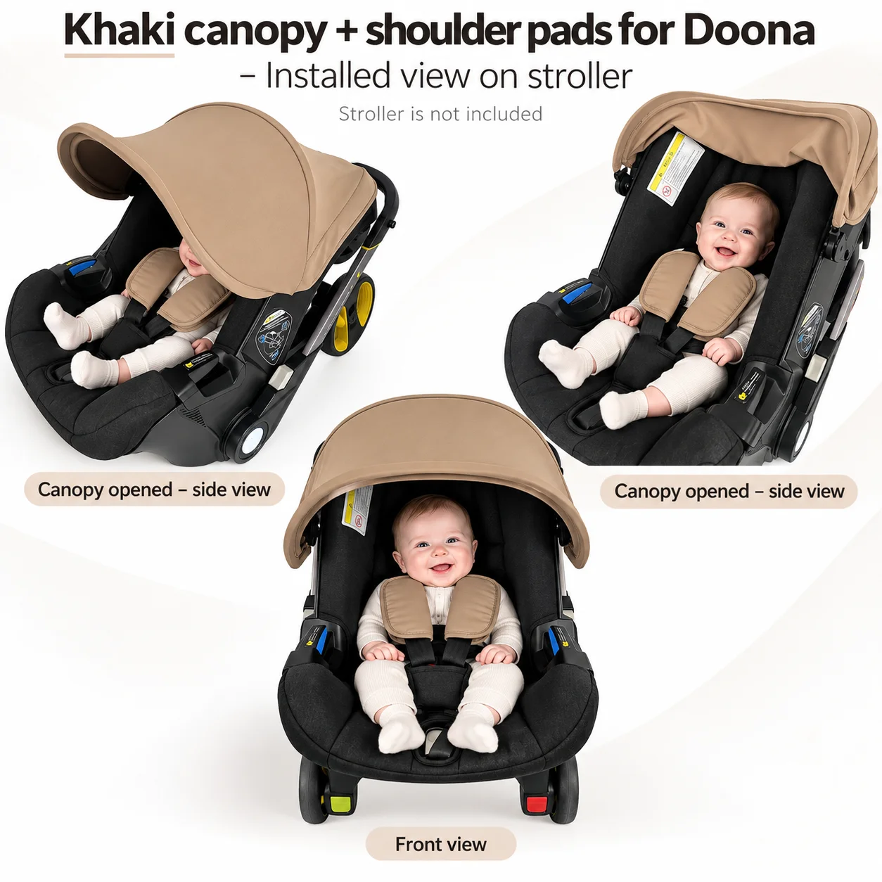 Juego de 3 piezas de repuesto: toldo y protectores para los hombros, compatibles con los asientos de coche y los cochecitos Doona+; diseño de tejido suave y acolchado.