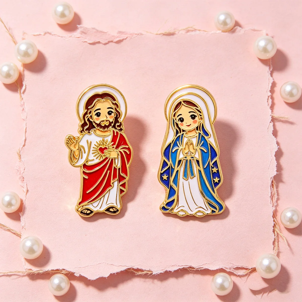 Juego de 2 broches de esmalte de Jesús y la Virgen María para abrigos, broches vintage, insignias de metal para cuello y solapa, regalo de joyería