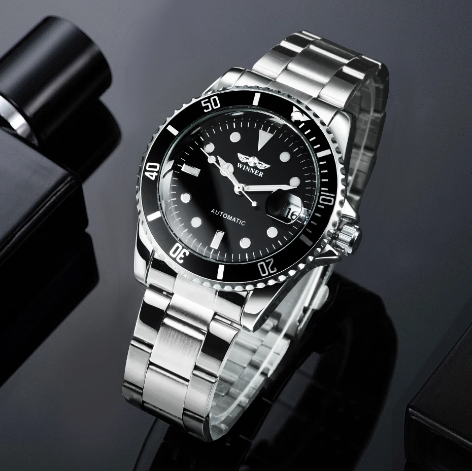 WINNER-relojes mecánicos clásicos para hombres, reloj automático de negocios de marca de lujo, bisel giratorio, esfera luminosa, correa de acero