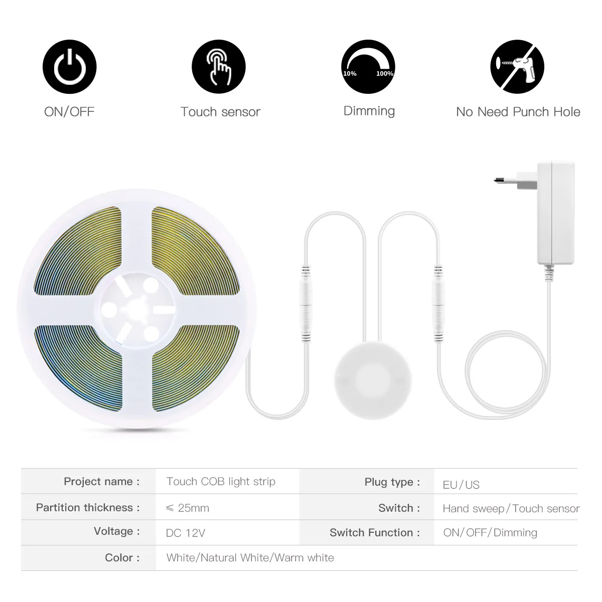 Atenuador táctil y interruptor de inducción de barrido manual tira de luz LED COB Flexible 12V 320 LEDs/M cinta de luz LED iluminación de cocina para dormitorio
