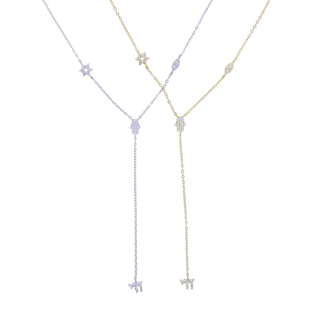Collar Lariat con Colgante de Mano y Ojo de Estrella de la Suerte con Circonitas, Amuleto Judío, Signo de la Vida, Color Dorado, Joyería para Mujer