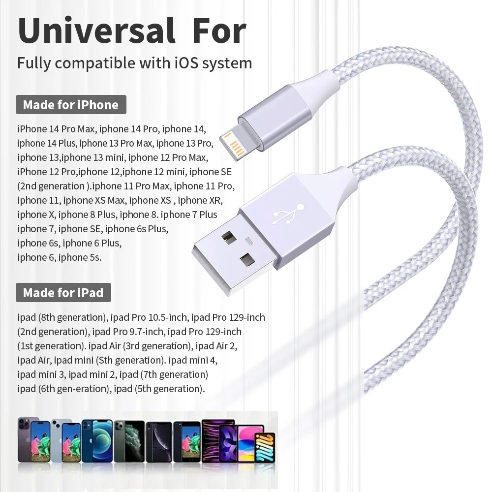 Paquete de 5 cables USB a Lightning para iPhone 14, 13, 12, 11 Pro Max, X, XS, XR, cable de carga rápida de 12W, cable de datos, cable USB C para iPhone