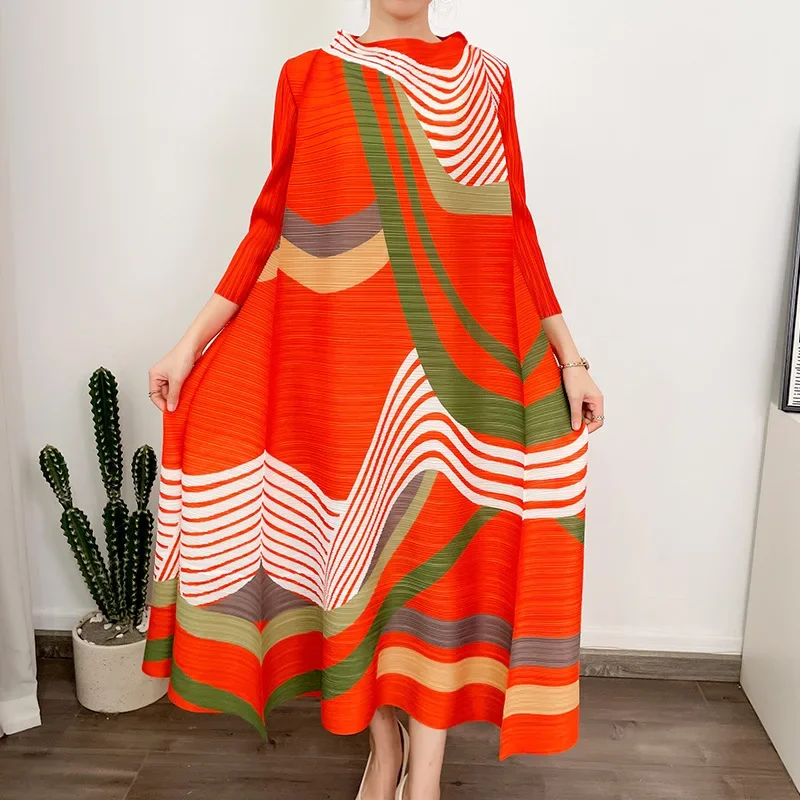 ANLAN Miyake-vestido plisado de manga larga con cuello redondo para mujer, ropa de noche, elegante, 9AK2075, 2024