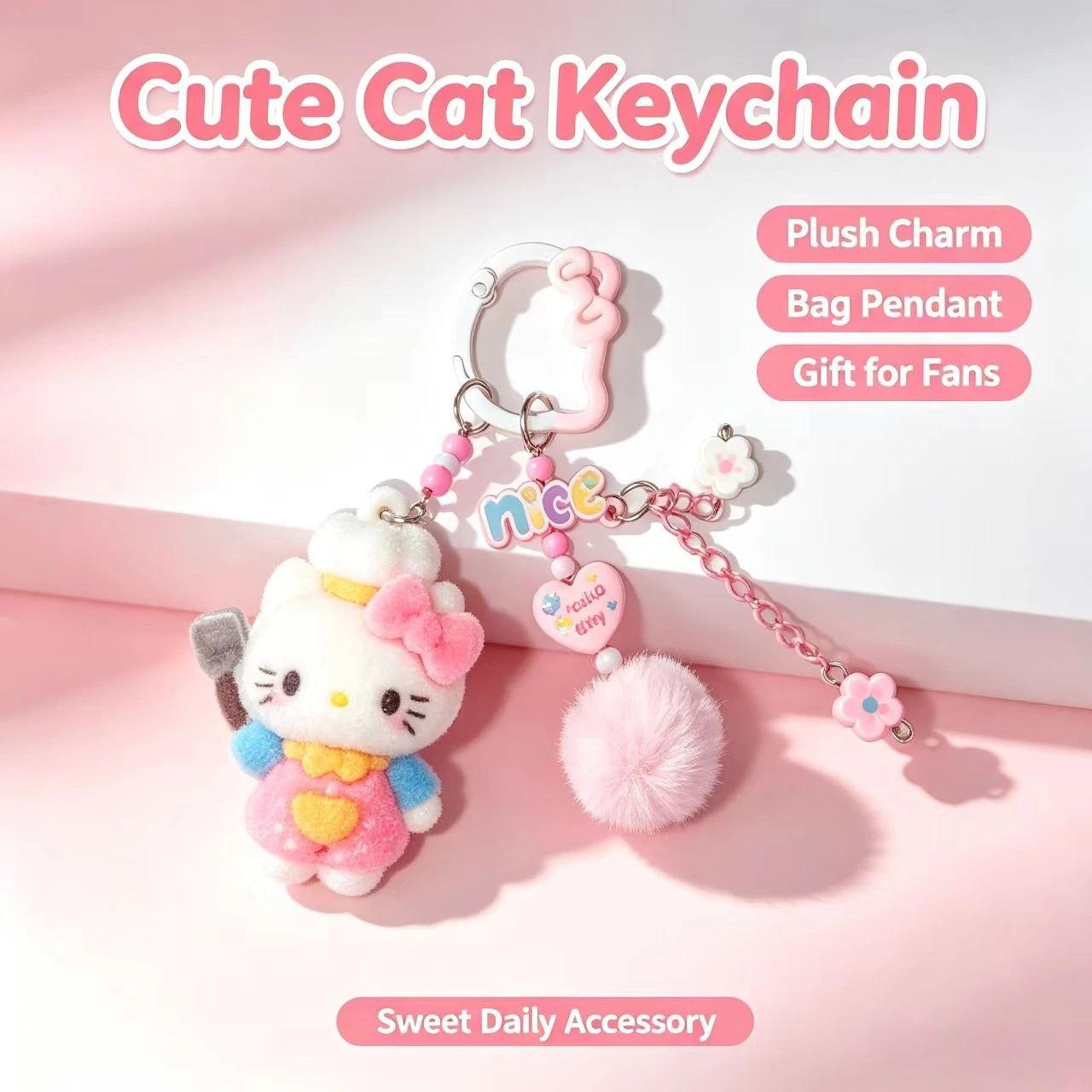 Lindo Llavero de Gato KT, Colgante de Muñeco Flocado para Bolso, Adorno de Flor con Pompón, Decoración de Moda para Llaves de Coche, Regalo
