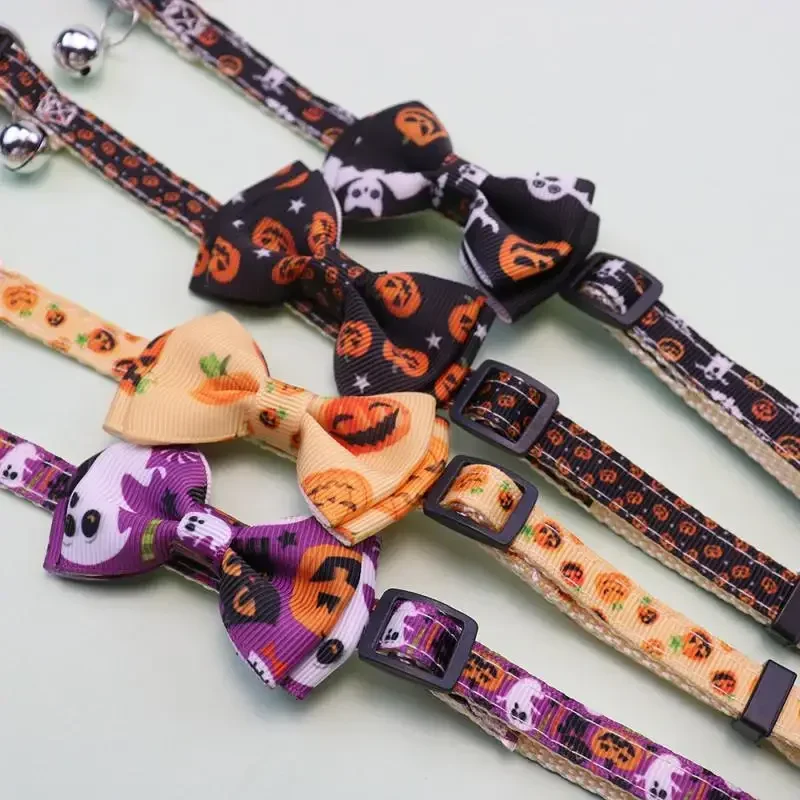 Collar para cachorro y gatito, correa con hebilla de seguridad ajustable, pajarita para Chihuahua, suministros para mascotas, Collar para gato feliz Halloween con lazo de campana