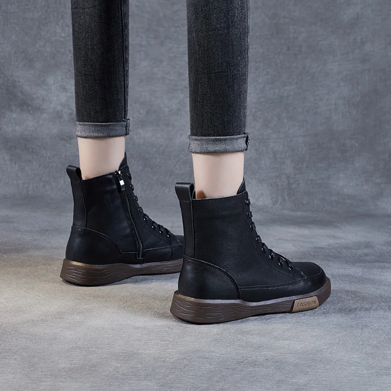 DRKANOL, botas cortas de cuero genuino para mujer, punta redonda, cuero genuino, hecho a mano, estilo callejero Retro, botines planos cálidos de invierno