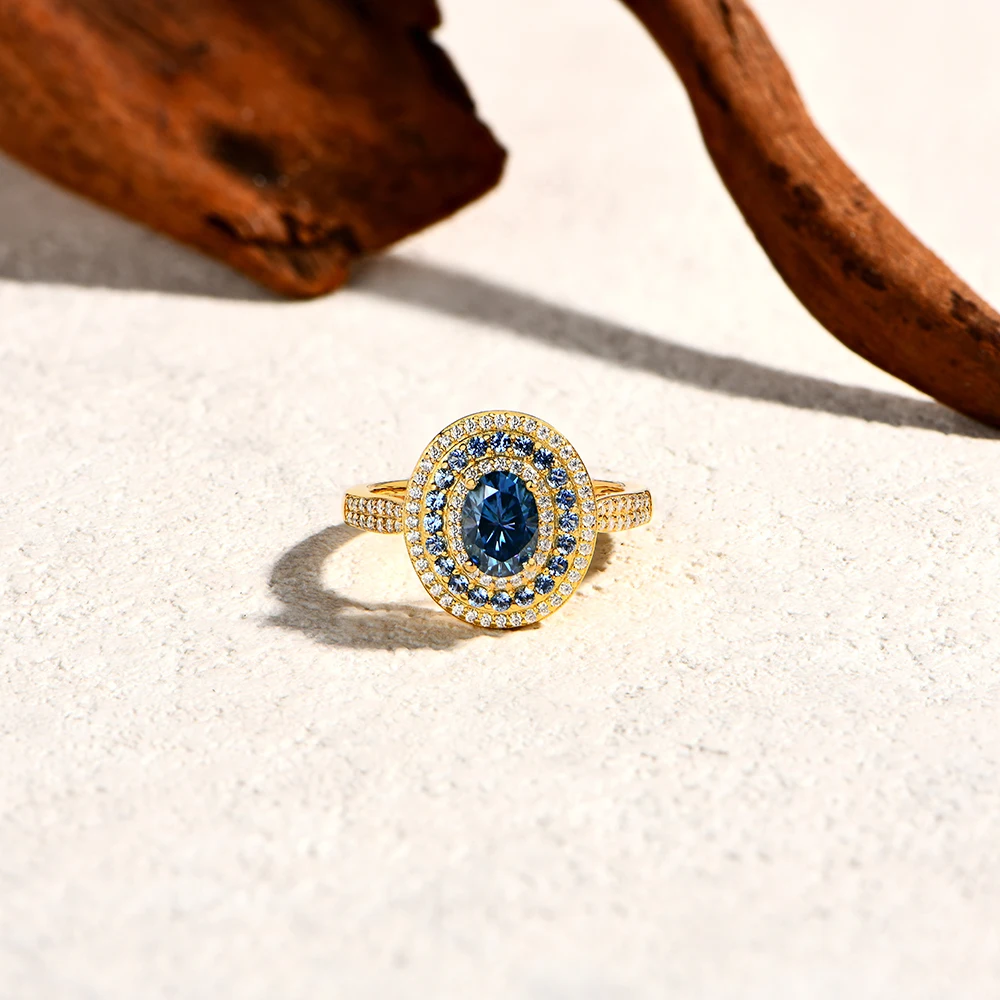 Anillos de moissanita azul ATTAGEMS para mujer, corte ovalado, 1,0 CT, joyería de plata de ley S925 auténtica para boda, anillo de compromiso con certificado
