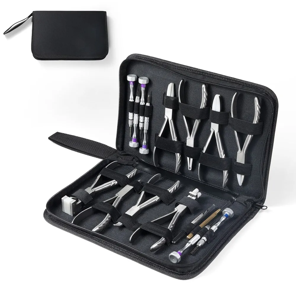 Alicates de reparación de gafas ópticas, destornillador, pinzas, juego de ganchos de alambre, Kit de herramientas manuales de mantenimiento de gafas, bolsillo de nailon