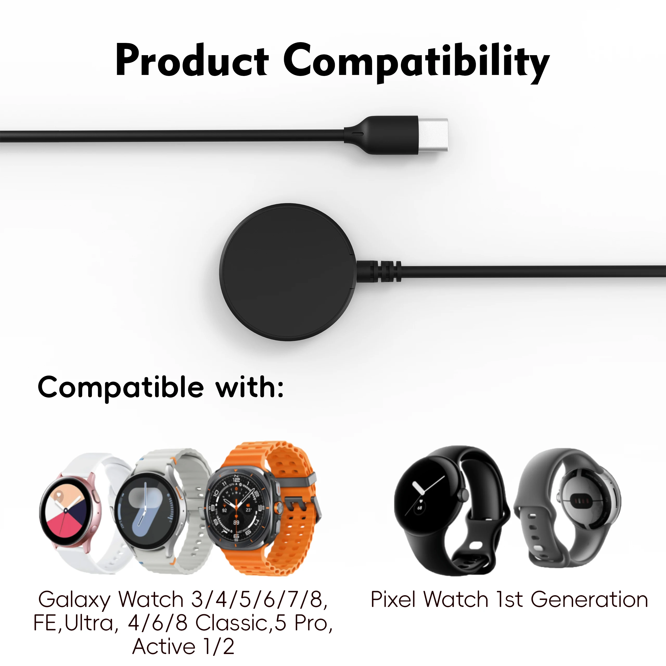 Cargador inalámbrico para Galaxy Watch 3/4/5/6/7/8, FE, Ultra, 4/6/8 Classic.5 Pro, Active 1/2 USB-A USB-C