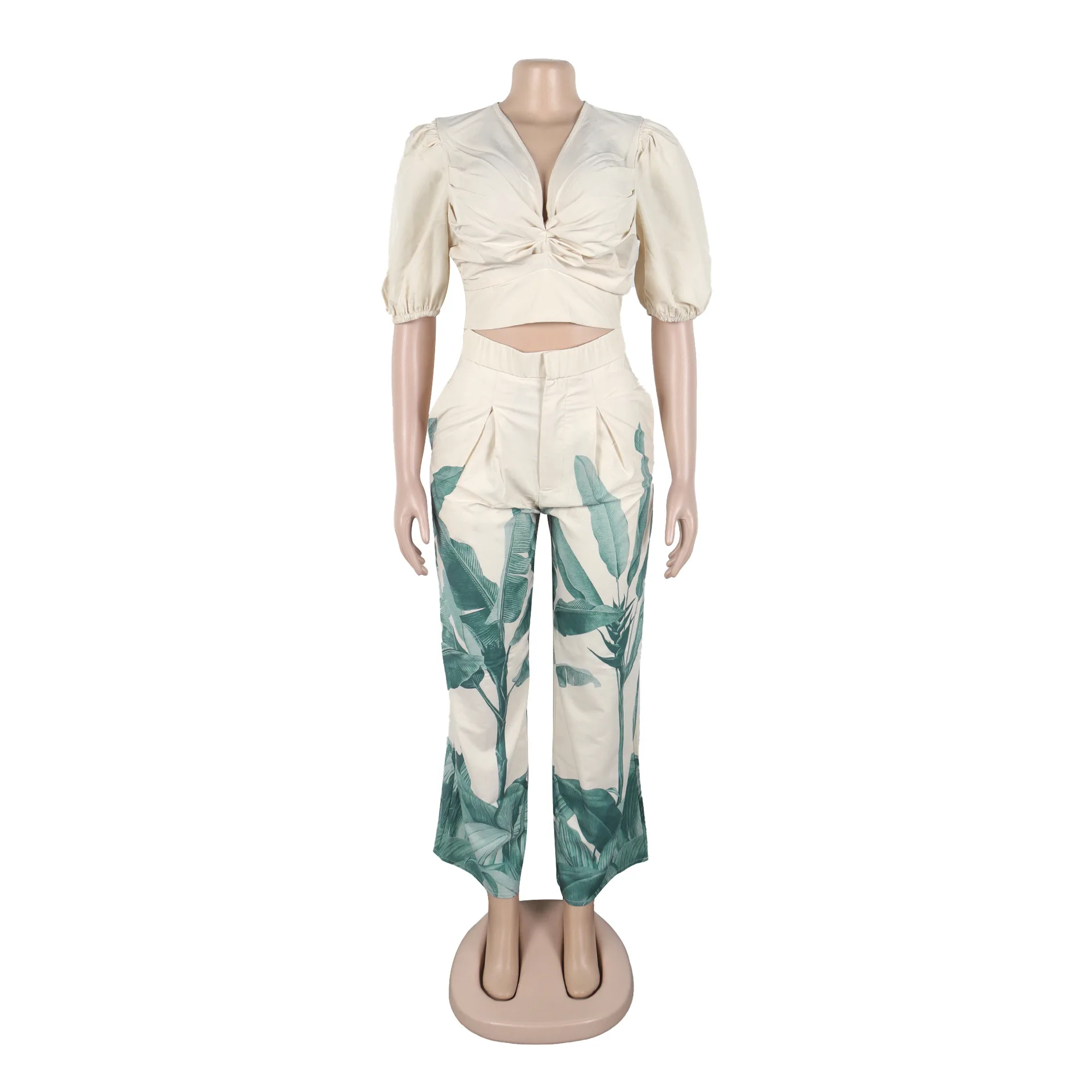 Wmstar, conjunto de dos piezas para mujer, pantalón corto informal de manga estampada con cuello en V, manga acampanada, pantalones largos de pierna ancha, traje al por mayor, triangulación de envíos