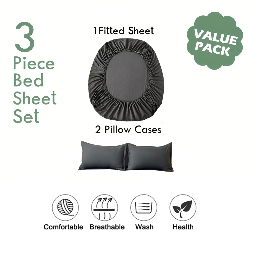 Juego de sábanas de algodón de 3 uds (1 sábana ajustable + 2 fundas de almohada) Funda de colchón suave transpirable con funda de almohada juego de cama