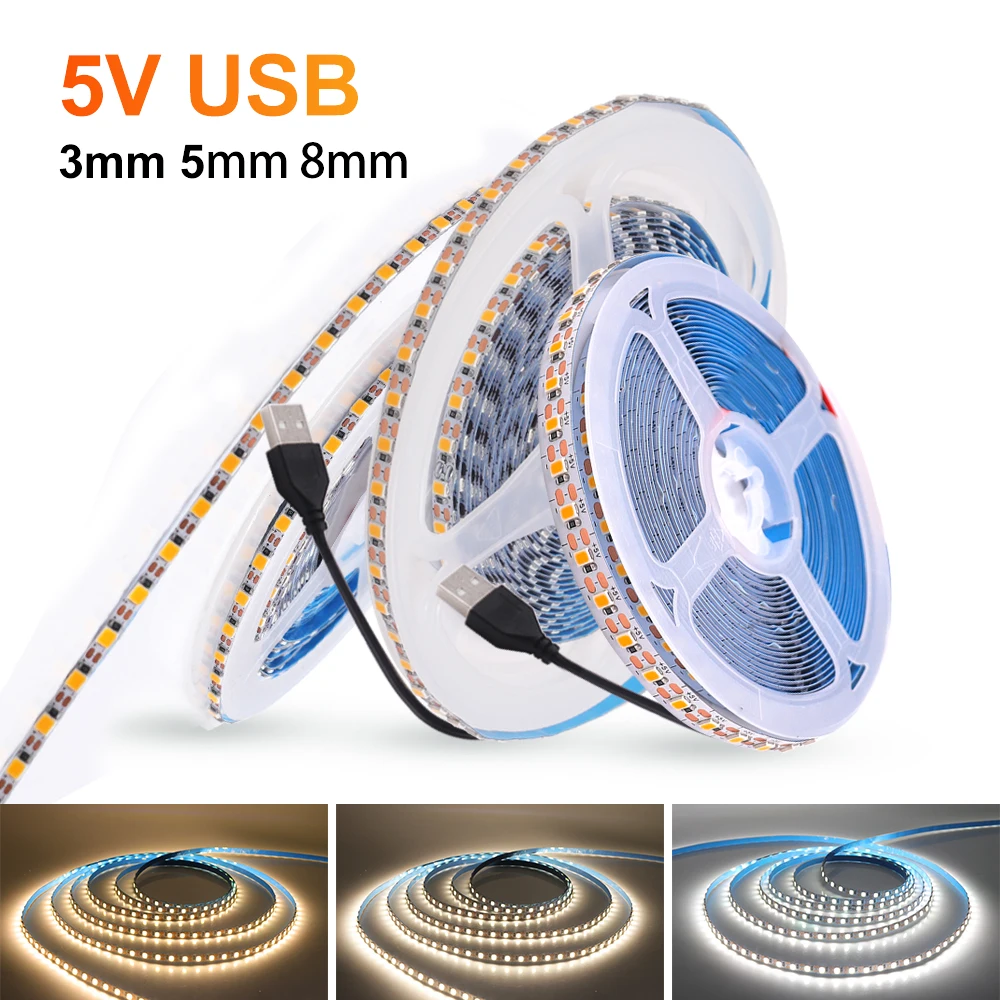 Tira de luces LED de 5V 2835, 3mm, 5mm, 8mm, ancho PCB, 120Leds/m, cinta LED Flexible, diodo, cable USB/2PIN, luces Led para decoración de habitación