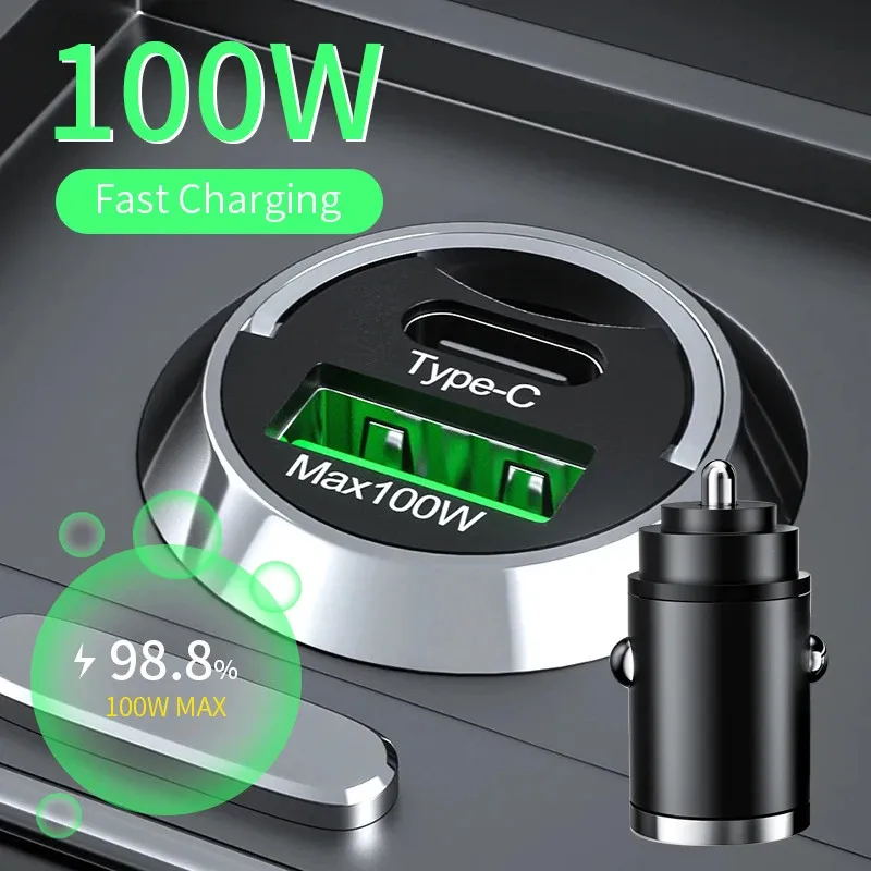 Cargador de coche USB PD de 100W, encendedor de carga rápida para iPhone QC3.0, adaptador de cargador de teléfono de coche USB tipo C para Xiaomi, Samsung y Huawei