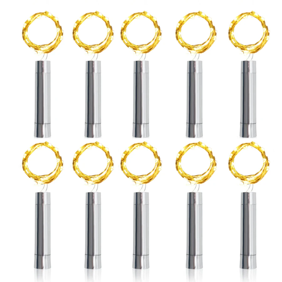 10 Uds. 20LED botella de vino plateada luz de corcho AA con pilas guirnalda de luces de hadas botella de corcho luz para decoración de fiesta de Navidad DIY