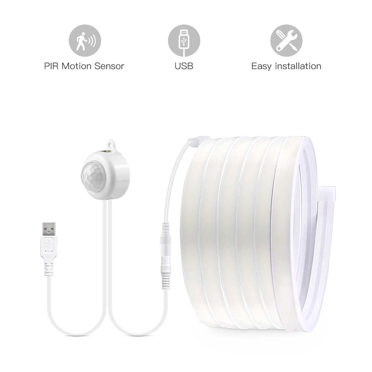 Sensor de movimiento PIR inteligente, tira de luces LED COB superbrillantes, luz de neón, encendido/apagado automático, 320leds/m, resistente al agua para cocina, escaleras, decoración de armario