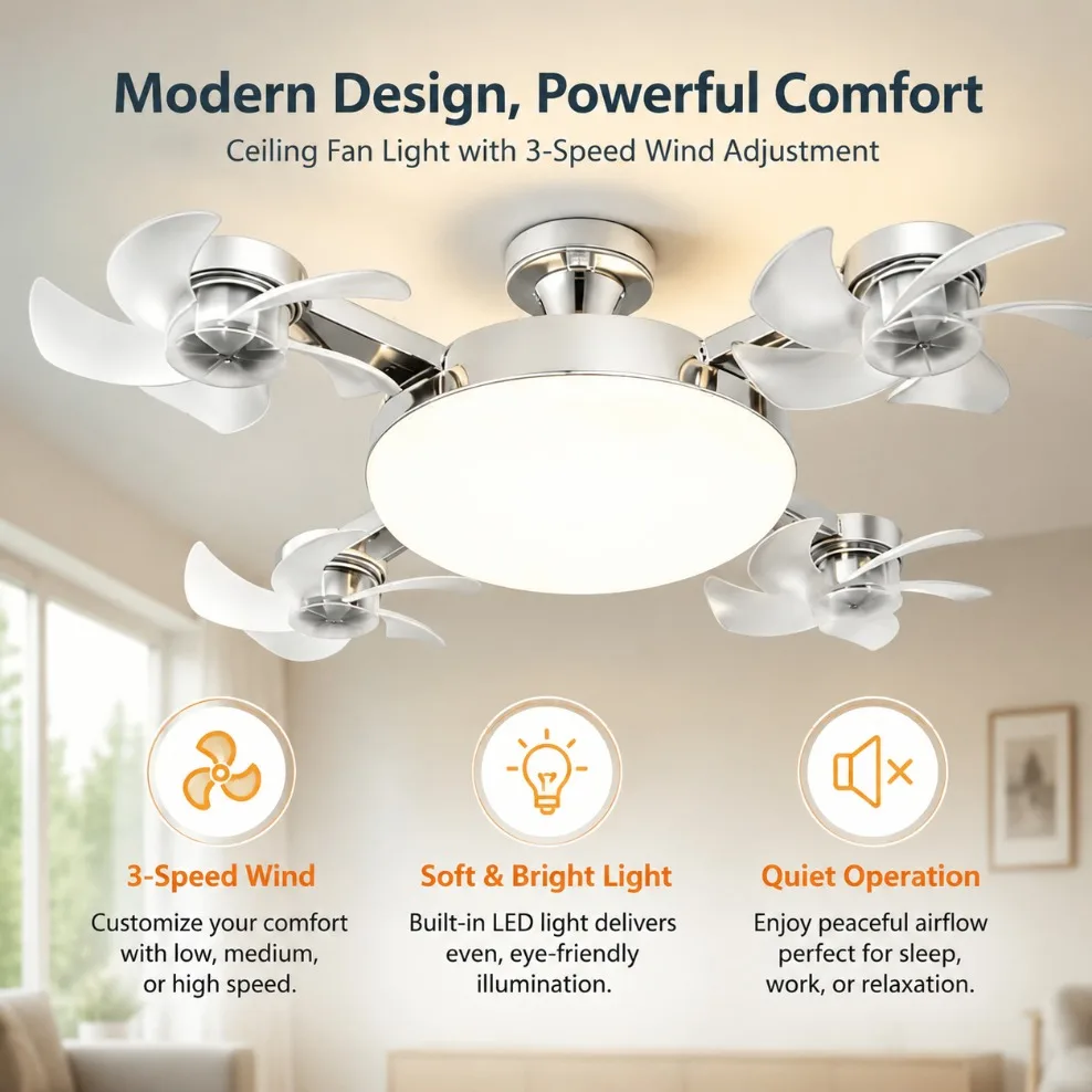 Bombilla de Luz con Ventilador E27 3 en 1, Diseño de Dron, 3/4 Aspas, Control Remoto, Lámpara de Techo con Ventilador, AC85V-265V, para Dormitorio, Restaurante, Sala de Estar