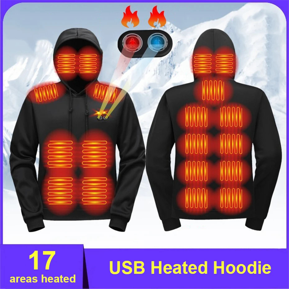 Sudadera con capucha con calefacción USB para hombre, Sudadera de punto con calefacción, 17 zonas, sudaderas con capucha con calefacción eléctrica, sudaderas con capucha cálidas para otoño e invierno para hombre