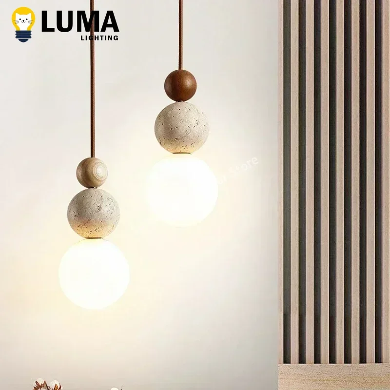 Luma-luces colgantes de travertino amarillo estilo crema, lámparas colgantes de madera de piedra natural para dormitorio, mesita de noche, restaurante, isla de cocina
