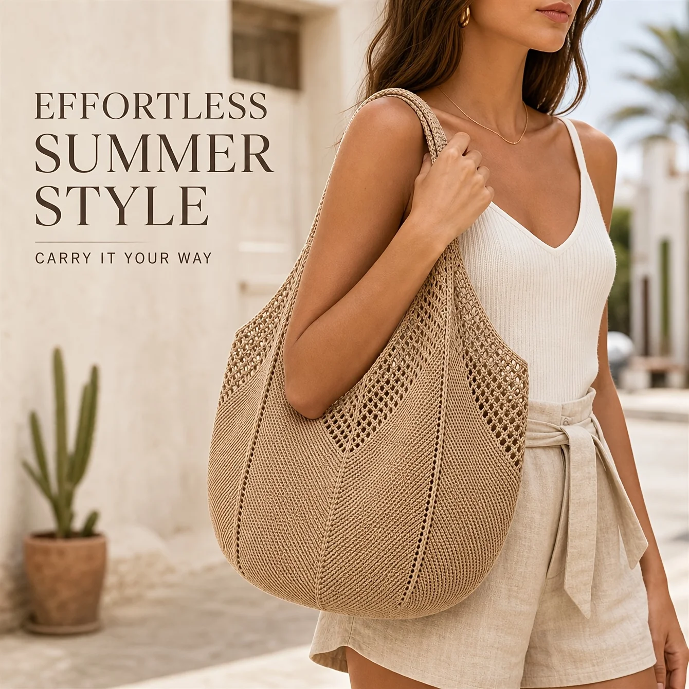 Bolso Tote de Punto Calado Ligero y de Gran Capacidad, Bolso de Hombro de Ganchillo para Playa, Viajes, Escuela, Regalo del Día de la Madre para Mamá