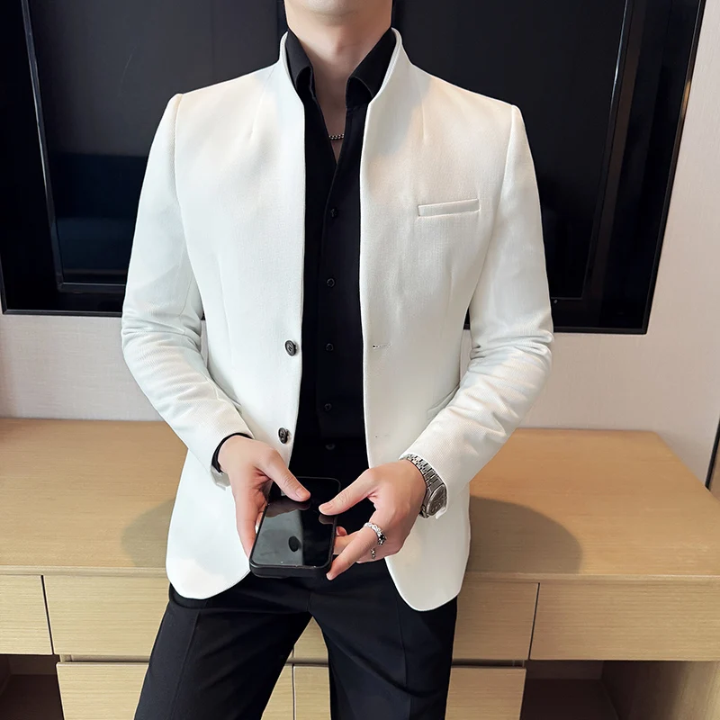 Waffle nuevo traje chino con cuello levantado abrigos hombres Slim Fit negocios Casual trajes de moda chaqueta Formal Social fiesta de graduación esmoquin