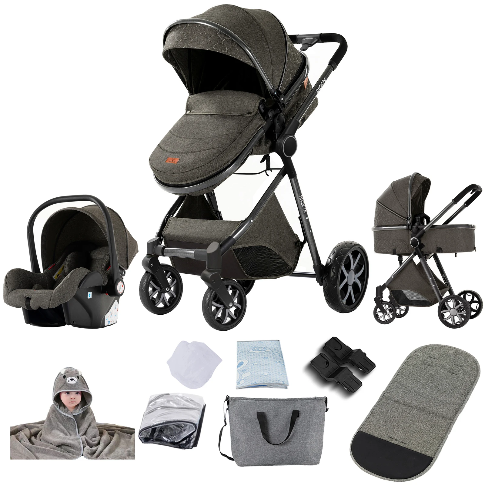 Cochecito de Bebé Portátil 3 en 1 con Cesta de Transporte, Asiento de Seguridad para Coche, Carrito Infantil de Alta Gama, Gran Capacidad de Carga, Plegable, de Lujo, Bidireccional, con Cama Cómoda para Dormir