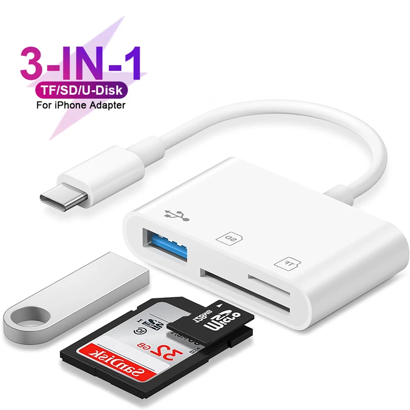 Adaptador de lector de tarjetas tipo C 3 en 1, lector de tarjetas SD OTG TF, convertidor de tarjetas de memoria USB-C OTG para U-Disk Macbook, portátil, Samsung y Huawei