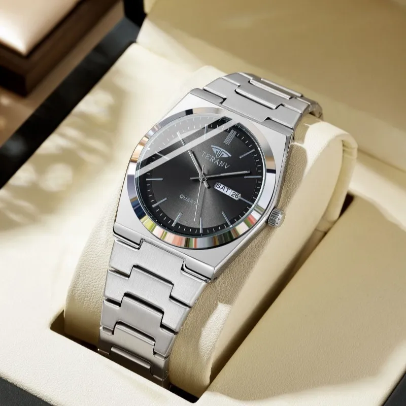Reloj para hombre, reloj delgado de cuarzo de moda con calendario de acero inoxidable