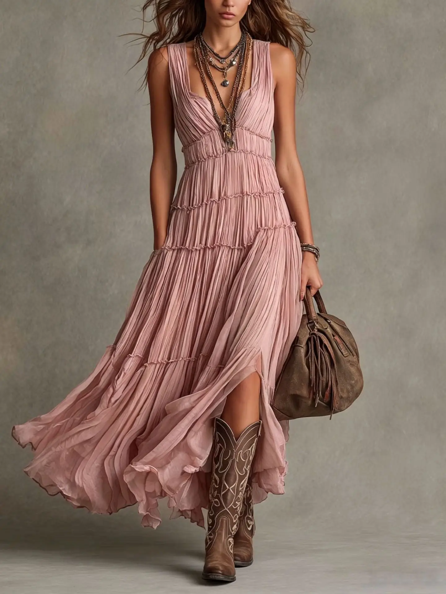 Vestido Maxi Retro con Volantes y Escote en V Profundo, Sin Mangas, de Gasa Fluida, Largo, Estilo Bohemio, con Pliegues y Dobladillo Dividido, Casual para Mujer