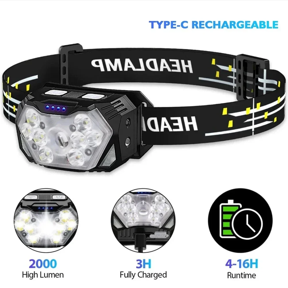 Linterna frontal portátil de 9 luces Led, recargable por USB con Sensor de movimiento, resistente al agua, para exteriores, para acampar y pescar