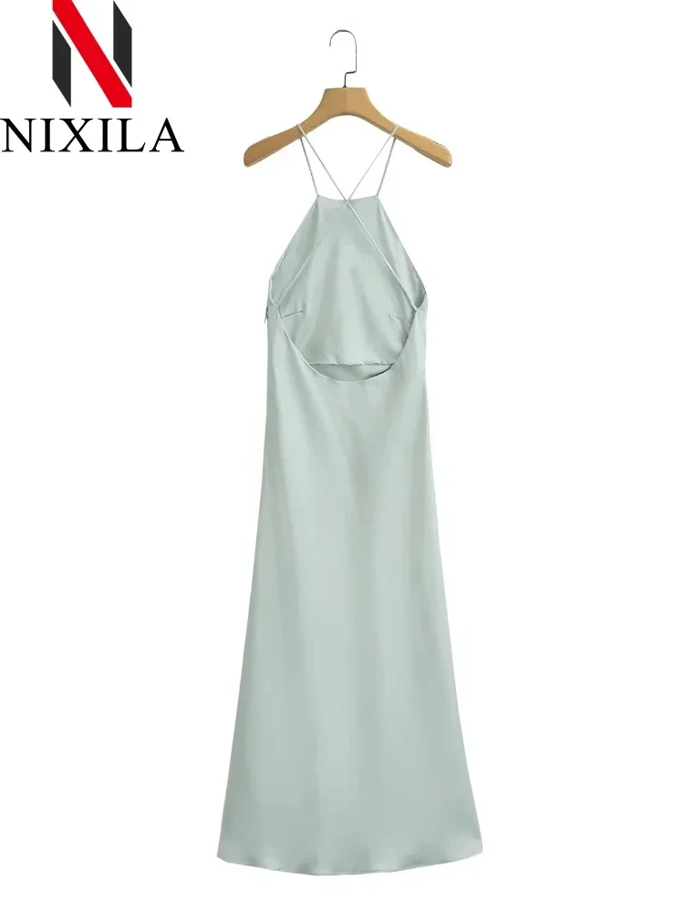 Primavera Verano mujer sin mangas Maxi vestido satén sensación estilo americano europeo Sexy banquete vestido de noche ropa
