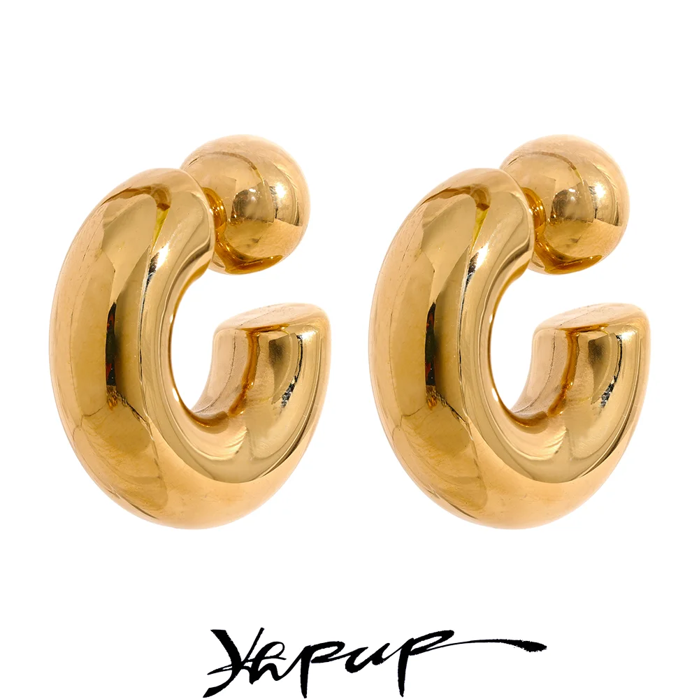 Yhpup-pendientes inusuales gruesos redondos en forma de C de acero inoxidable, joyería resistente al agua, textura de Metal, accesorios atractivos para mujer, regalo