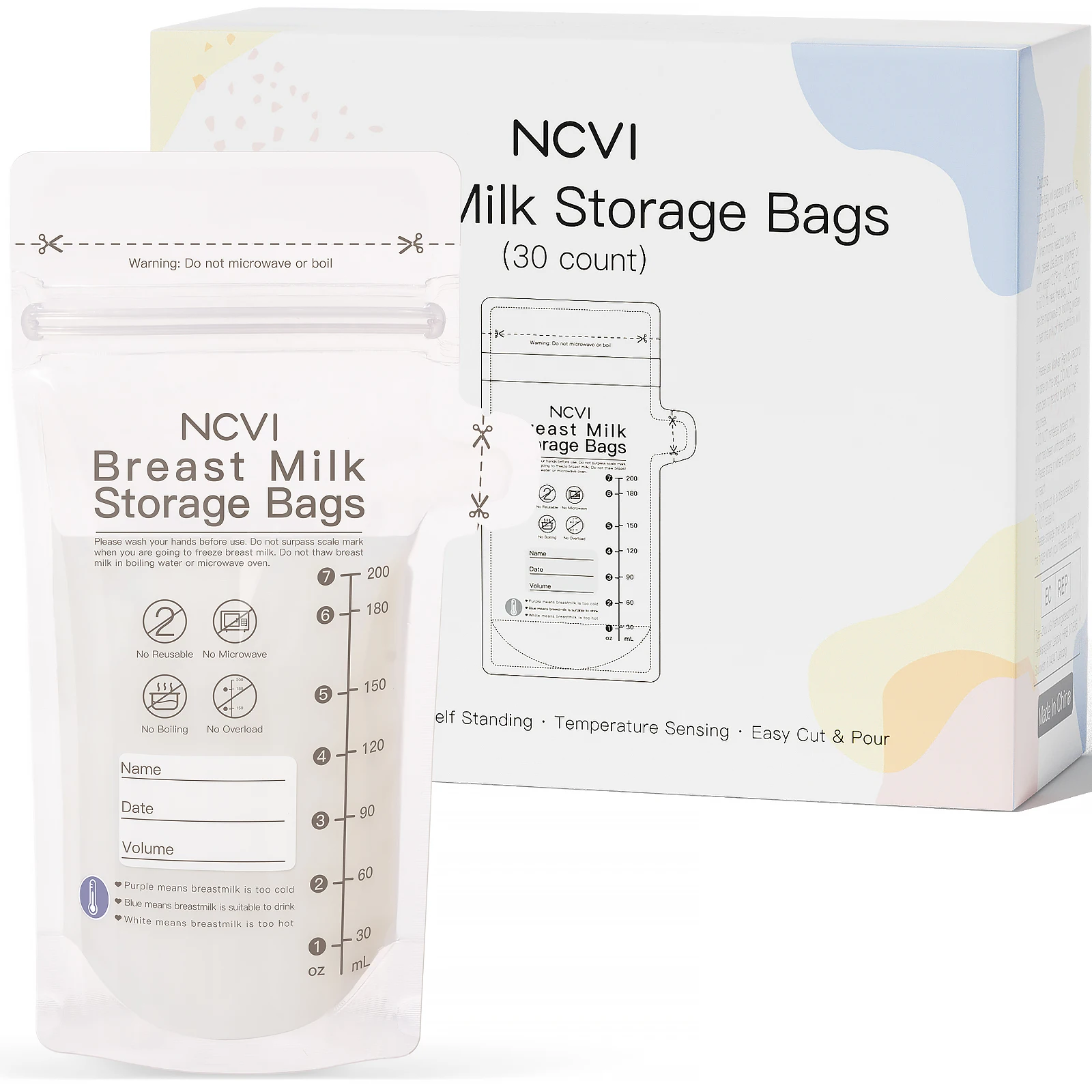 Bolsas para Almacenar Leche Materna NCVI, Bolsas para Congelar Leche de 200 ml para Lactancia, Bolsa de Conservación, con Sensor de Temperatura, Doble Sellado, Libre de BPA