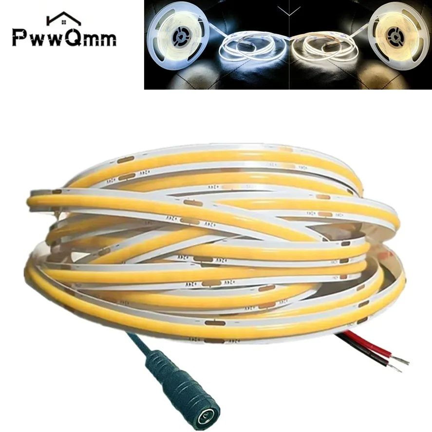 Tira de LED COB DC 12V 24V Ultrafina de 8MM con Enchufe/Cable de 2 Pines, Iluminación Lineal Regulable de Alta Densidad para Decoración