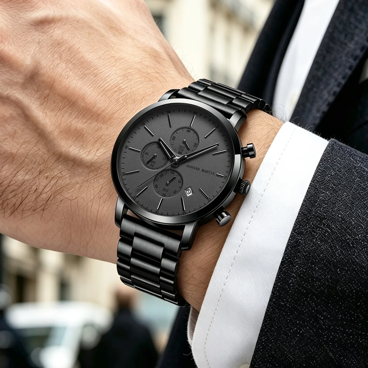 Reloj de marca HANNAH MARTIN para hombre, reloj de pulsera de cuarzo multifuncional deportivo resistente al agua de acero inoxidable negro, reloj Masculino