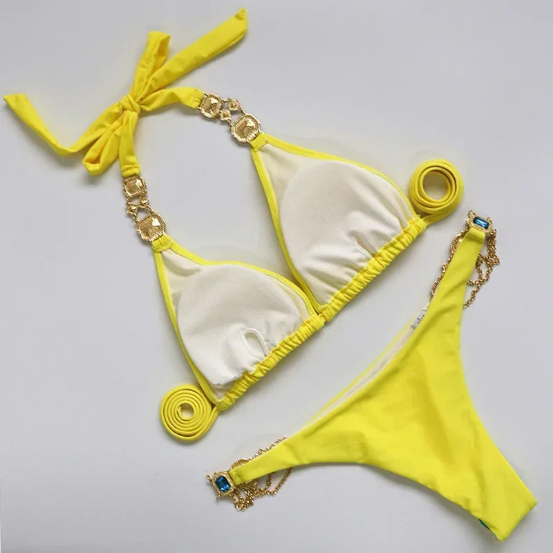 Bikini con cadenas de Metal y diamantes de imitación para mujer, traje de baño femenino, conjunto de Bikini de dos piezas, traje de baño brasileño