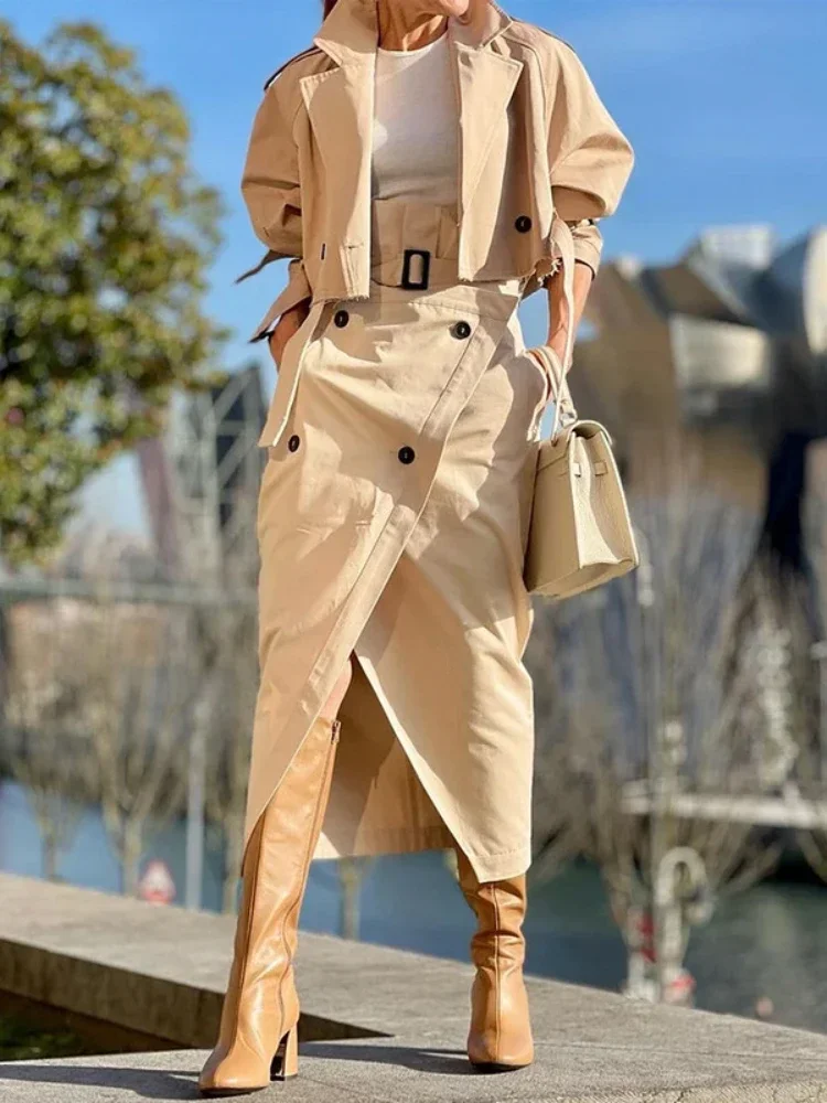 Conjuntos de dos piezas a la moda, chándal de oficina para mujer, ropa de calle, conjunto de carga, chaqueta de manga larga y traje envolvente con faldas con abertura alta