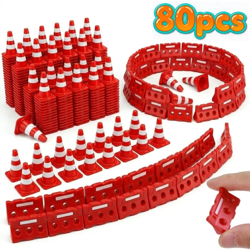 50 Conos de Tráfico en Miniatura y 30 Vallas de Barricada en Miniatura para Decoración del Hogar, Mesa de Arena de Paisaje en Miniatura