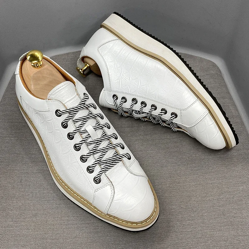 Zapatos informales clásicos para hombre, zapatillas de deporte de moda con cordones de cuero genuino, zapatos planos de viaje callejero con estampado de cocodrilo de marca de lujo para hombre