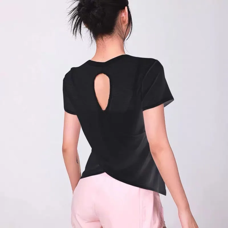 Top deportivo de manga corta transpirable de hilo de bambú, ropa de Yoga con parte de atrás bonita cruzada hueca, blusa holgada con cuello redondo, ropa de Fitness