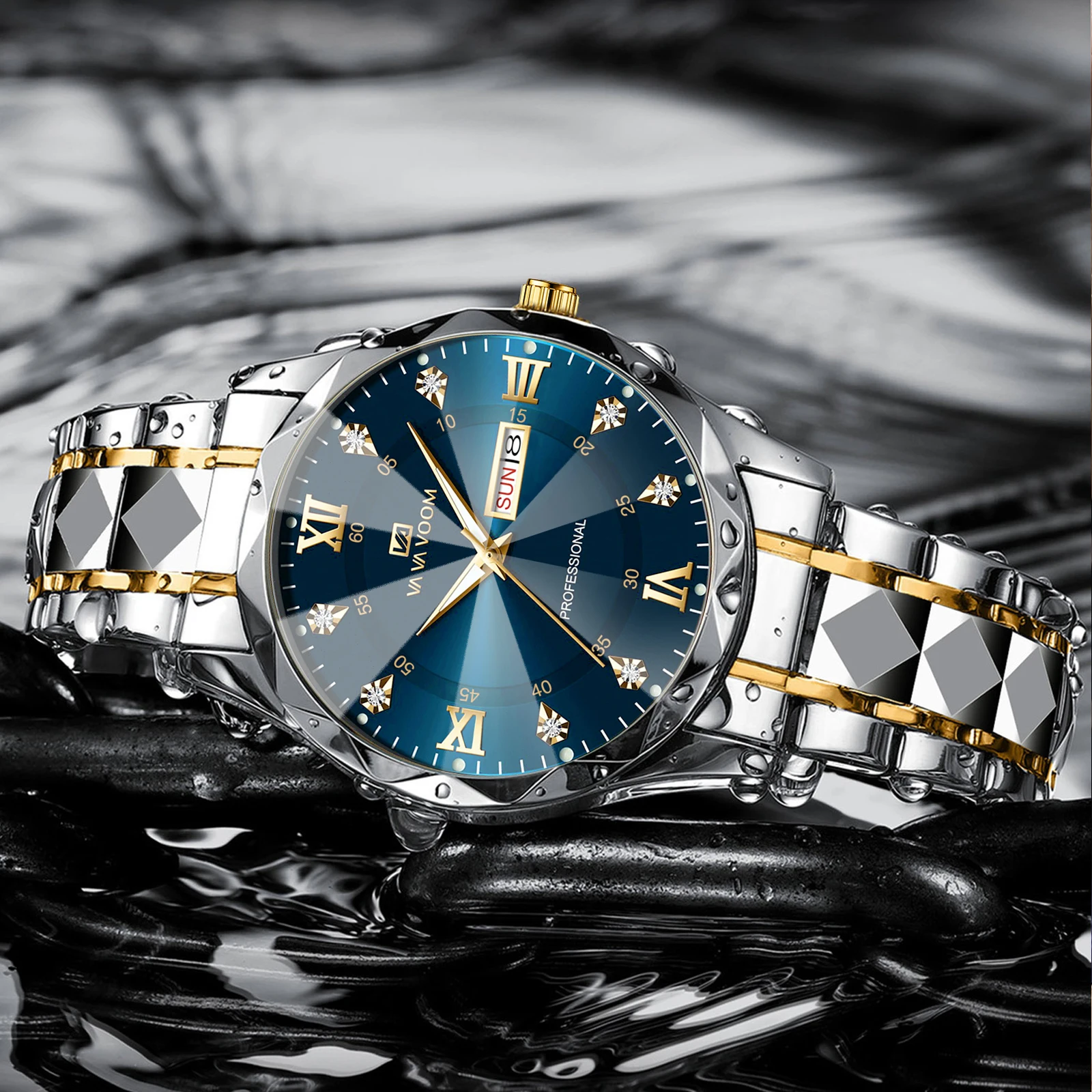 Reloj de negocios de acero inoxidable para hombre, cronógrafo de lujo con brillo nocturno, doble Calendario, movimiento de cuarzo, 41mm, oro azul