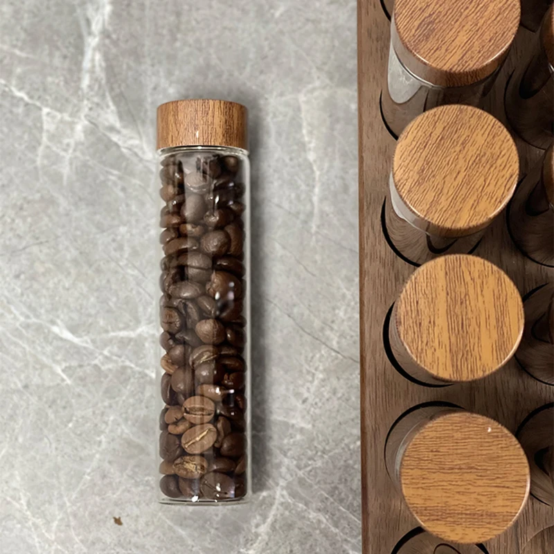 Tubo de almacenamiento de granos de café, vidrio de dosis única, 17g, 22g, contenedor a base de nogal con embudo, accesorios para Espresso, productos, herramientas de Barista