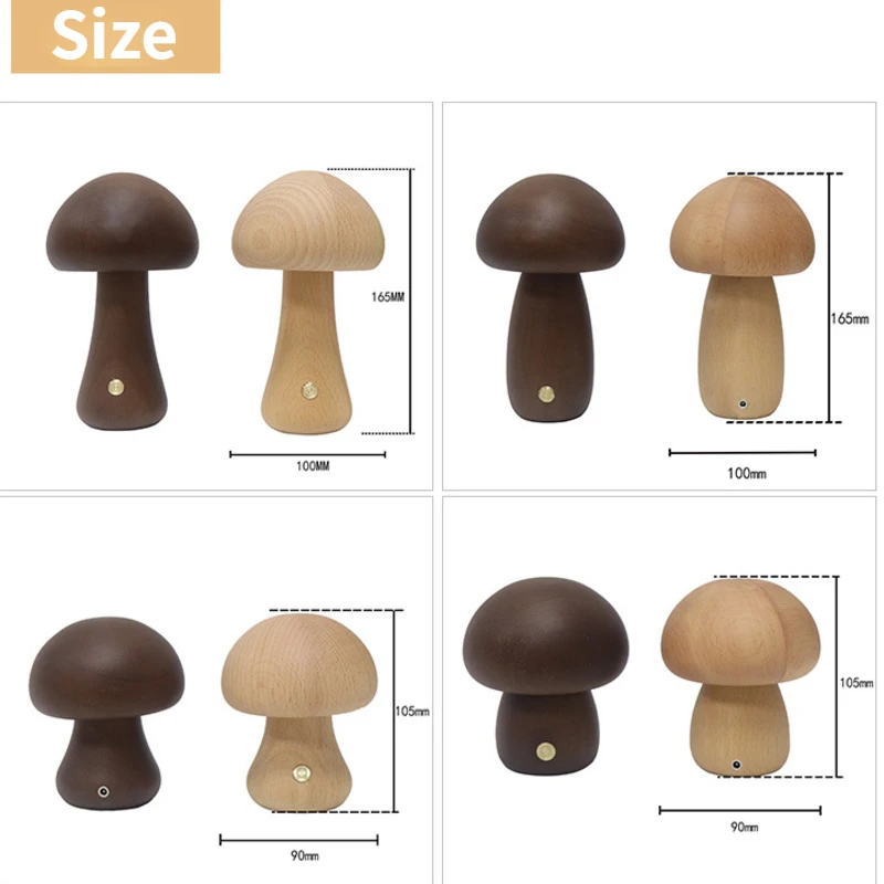 Luz nocturna de setas de madera, Interruptor táctil, lámpara de mesita de noche para dormitorio, madera de haya y nogal, luz de escritorio regulable cálida, recargable por USB