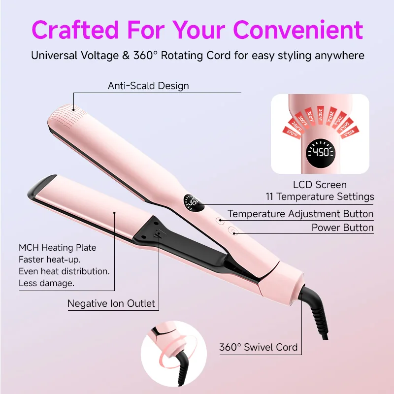 Plancha de Pelo Profesional con Placas Anchas y Grandes, Calentamiento Rápido en 30s, 11 Ajustes de Temperatura, Revestimiento de Aceite para el Cabello