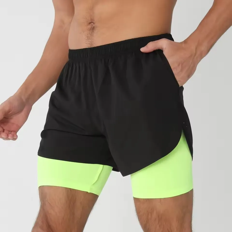 2025New pantalones cortos para correr para hombre, pantalones cortos deportivos para gimnasio 2 en 1, entrenamiento de secado rápido, gimnasio, Fitness, trotar, pantalones cortos, pantalones cortos de verano para hombre