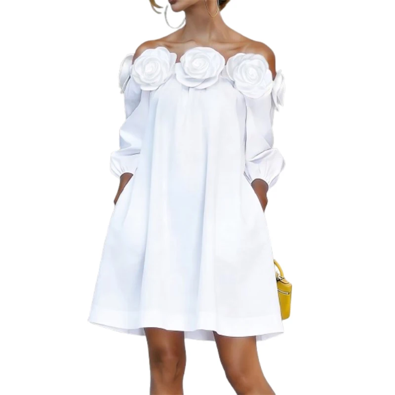 Vestido Mini Blanco UOOZEE para Mujer, Mezcla de Algodón, Diseño 3D de Rosas, Hombros Descubiertos, Mangas 3/4, Corte A, Elegante, Holgado, para Fiesta, Nuevo 2026