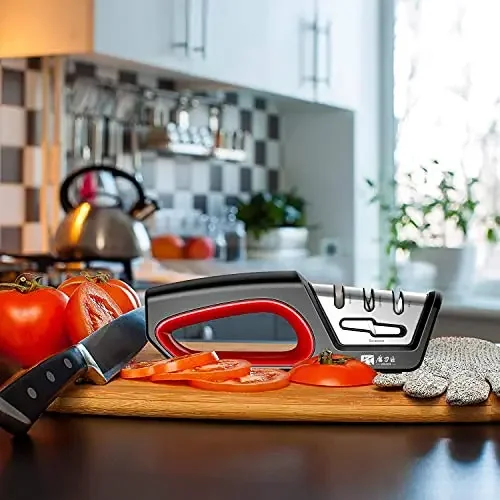 Afilador de Cocina Cuatro en Uno, Restaura Cuchillos con Hoja Serrada y Tijeras, Herramientas de Cocina de Diamante, Tungsteno, Acero y Cerámica