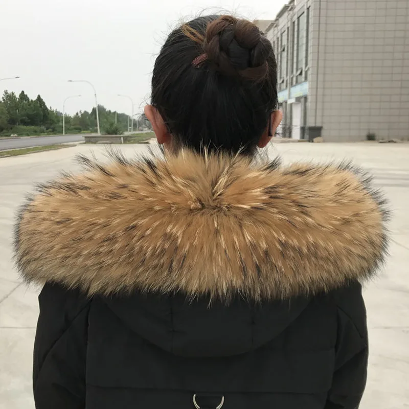 Cuello de piel de mapache auténtica para mujer, Sudadera con capucha de piel Natural cálida para invierno, decoración, chal auténtico para abrigo, chaquetas, adornos para capucha